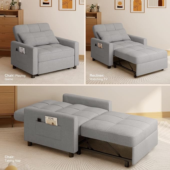 Aiho Convertible Sleeper Chair 3-in-1 Sofa Bed, Light Gray | Adjustable Backrest - Image 10