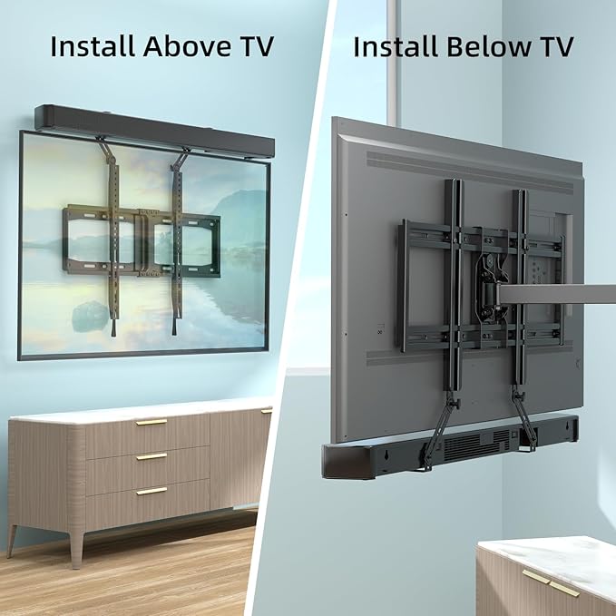 HCMOUNTING Soundbar Mount Bracket, Sound Bar Mounts Under TV or Above TV Fits Most Sound Bars Up to 20 Lbs, Soundbar TV Mount with 180° Adjustable Extension Plates and L-Shaped Hooks