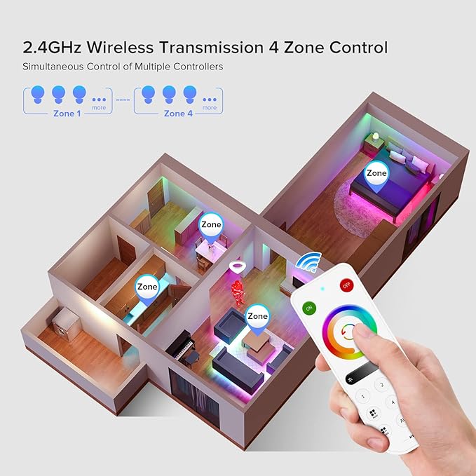 BTF-LIGHTING RB4 2.4G Wireless Touch RF Remote for FCOB SMD Chasing RGBCCT LED Strip Light 4 Zone Control Match with SP530E SP630E SP635E SP63AE SP63CE Controller