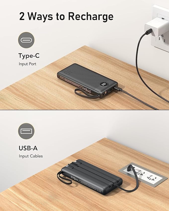 VEEKTOMX Portable Charger Built-in Cables,10000mAh Power Bank for iPhone,Fast Charge USB C Battery Pack Travel Essentials Powerbank Compatible with iPhone 17/16/15/14, Samsung S25/24, Android, etc