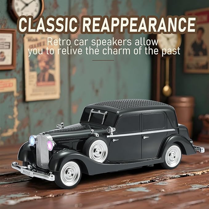 WS-1934 Retro Classic Car Bluetooth Replica Speaker – Wireless HD Sound with FM Radio,TWS Stereo,LED Party Lights,Built-in Microphone Hands-Free Call, Surprise Portable Gift for Party Use(Black)