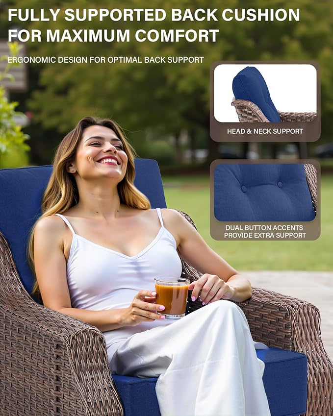 Belord 6" Thick Cushion Outdoor Swivel Rocker Patio Chairs Set of 2,3 Piece Wicker Patio Bistro Set with Side Table and Comfort High Back Outdoor Patio Glider Chair Brown Wicker/Blue Cushion
