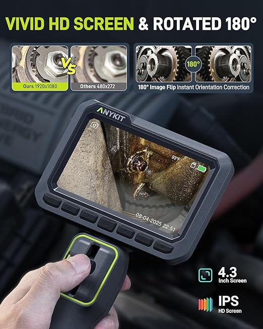 Anykit Articulating Borescope, 210° Two-Way 0.22in Slim Probe Endoscope with High-Brightness LED Lights, 4.3" IPS HD Video Inspection Snake Camera for Automotive Engine Inspect - 4FT