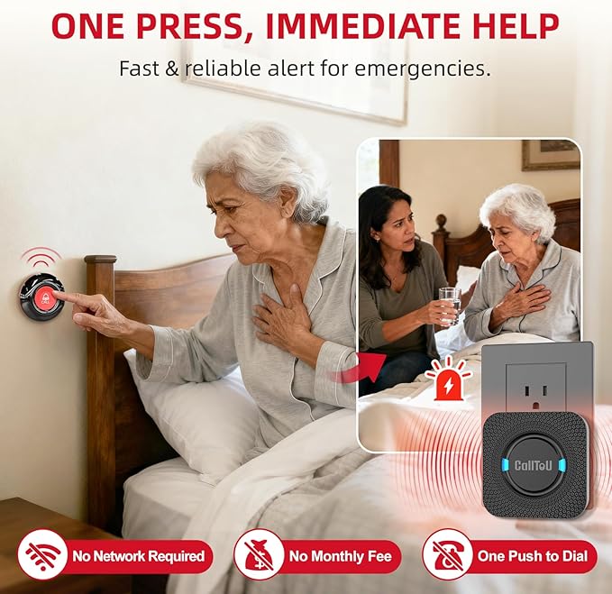 CallToU Caregiver Call Button Wireless Call Bell Alert Button for Seniors/Patients Call Light System for Elderly Home 2 Plugin Receiver 4 Waterproof Transmitter