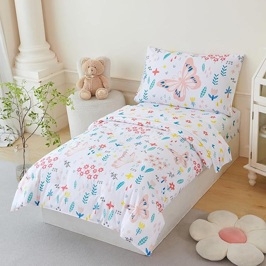 PERFEMET Girls Toddler Bedding Colorful Flower Blossom Comforter Set Butterfly Print Toddler Bedding Sets Ultra Soft Lightweight Bed-in-A-Bag for Toddlers(4 Pieces, White)