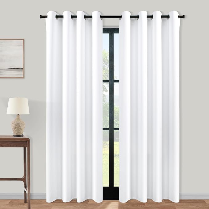 2 Panels Plain White Semi Blackout Curtains 84 Inches Long, Grommet No Non by KOUFALL