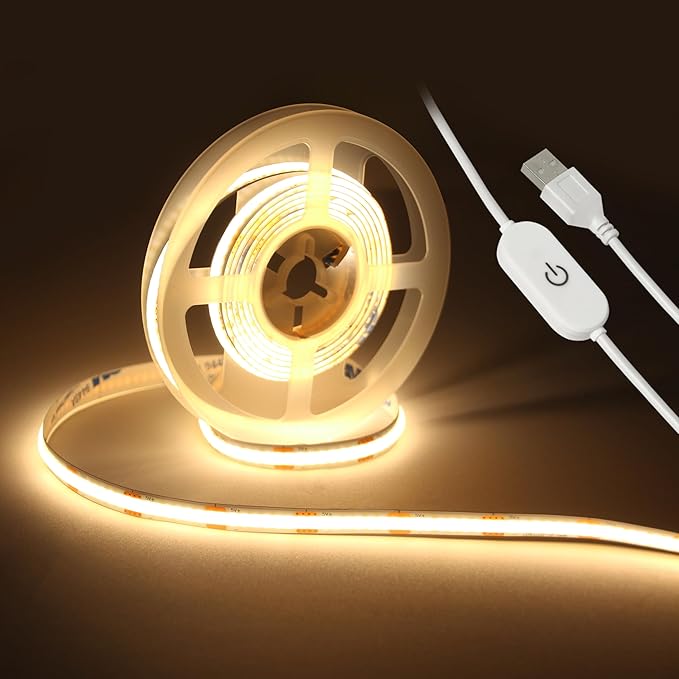UVTaoYuan Led Strip Lights 5V USB 6.56ft/2m 640 LEDs Touch stepless Dimmable COB LED Strip Light 3000K Warm White 10W Flexible led Lights for Bedroom Kitchen, DIY Lighting Room Decor 5V LED TV Lights