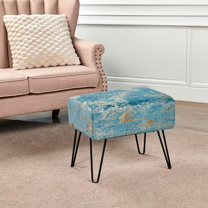 Home Soft Things Blue Jacquard Chenille Ottoman, Kasula-Turquoise, Fuzzy Entry - Image 8