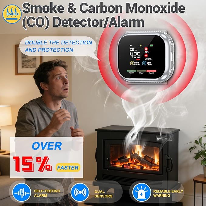 6 in 1 Plug in Smoke and Carbon Monoxide Detector Combo, Portable Smoke, Gas & CO Detector with Battery Operated, Temp, Humidity - Smoke Alarm Carbon Monoxide Natural Gas Leak Detector for Home, RV