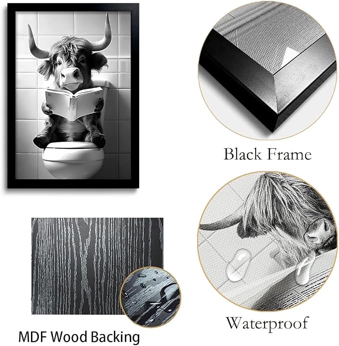 OIQArtOIQ Funny Bathroom Framed Wall Art Black and White Animal Canvas Wall Art - Image 7