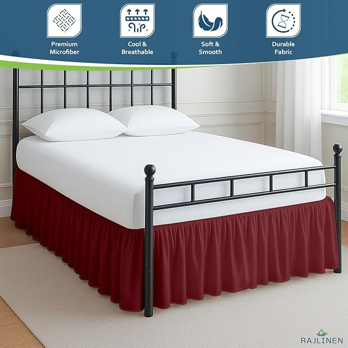 Rajlinen Ruffled Bed Skirt Full XL, 16 Inch Drop Dust Ruffle with Split Corners, 100% Microfiber Bedskirt with Platform, Three-Sided Coverage Ruffled Gathering Design, Burgundy