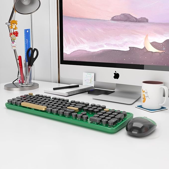 Kootop Wireless Keyboard,Cute Colorful 104 Keys Typewriter Retro Round Keycaps Keyboard for PC Laptop,Desktop,Windows, Home and Office Keyboards (Black Green)