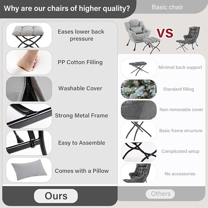 Furlide Lazy Chair with Ottoman, Modern Lounge Chair with Lumbar Pillow - Image 9