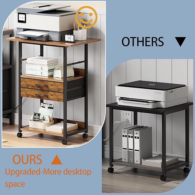 VENNQD Large Printer Stand with Storage Fabric Drawer Under Desk Printer Table with Wheels for Home Office, Printer Cart fit Fax Machine Scanner (Rustic Brown, 3 Tiers)