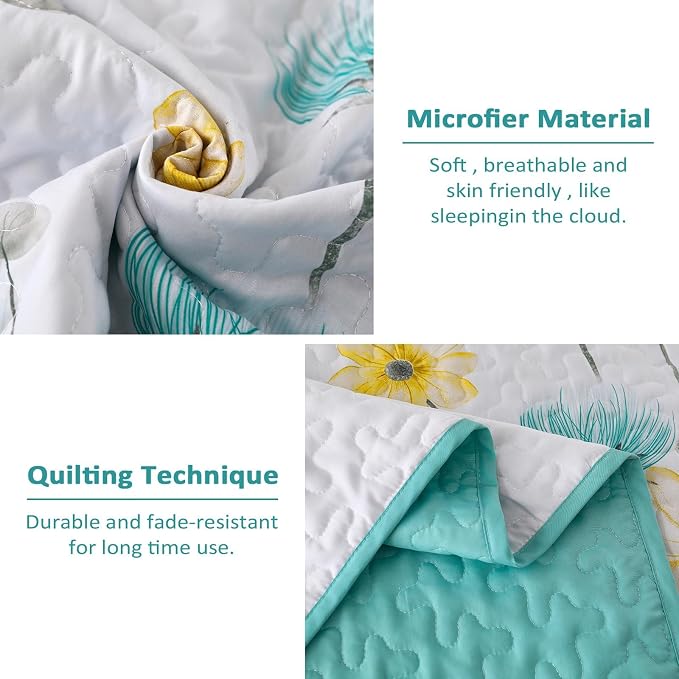 Dinjoy Floral Quilt Set Queen, Aqua Blue Bedspread Coverlet Set 3 Pieces | - Image 5