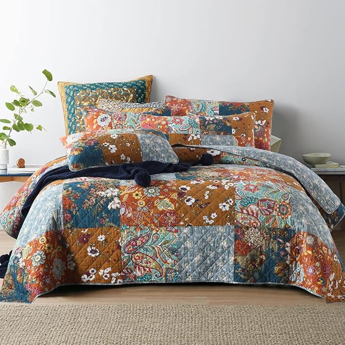 Autumn Dream Cotton Bedspread Yellow Grey Patchwork Quilt, King Size | Cotton by AutumnDream