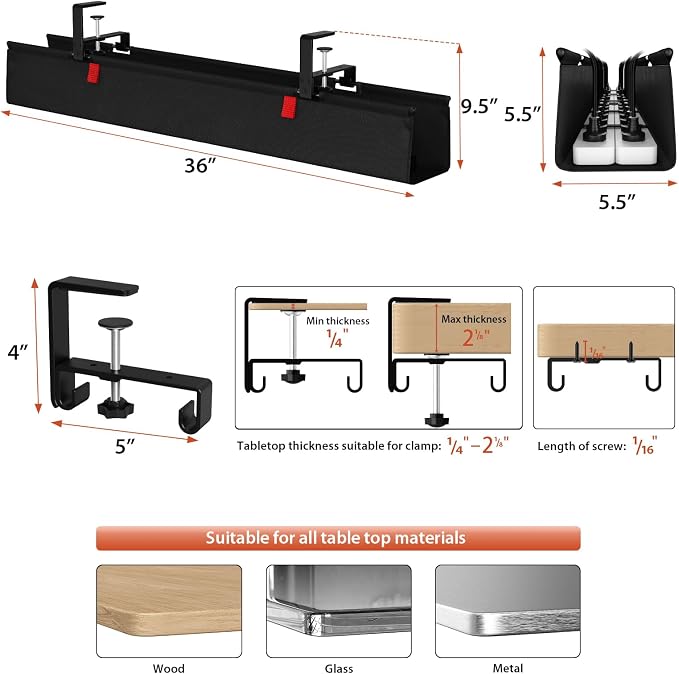 Univivi No Drill Under Desk Cable Management Tray, 36 inch Cable Management | - Image 4