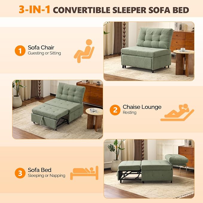 VINGLI Convertible Sofa Bed Tufted Teddy Fleece Sleeper Chair Bed Couch Armless - Image 4