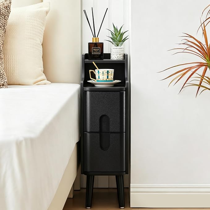 Black Narrow Nightstand, Wood 2 Drawer Small Nightstand, Slim Side Table - Image 8