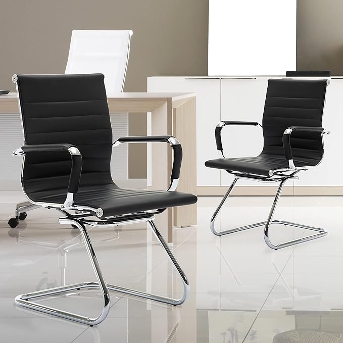 Wahson Office Guest Chairs, 4 Pack Reception Chairs for Waiting Room/Conference Room, with Faux Leather and Sled Base, Set of 4, Black