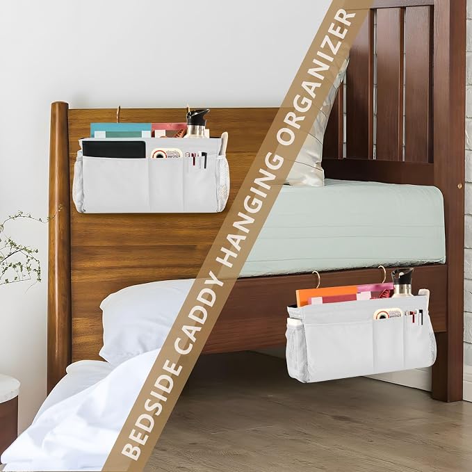 White Bedside Caddy Storage Bag Bedside Organizer - Image 7
