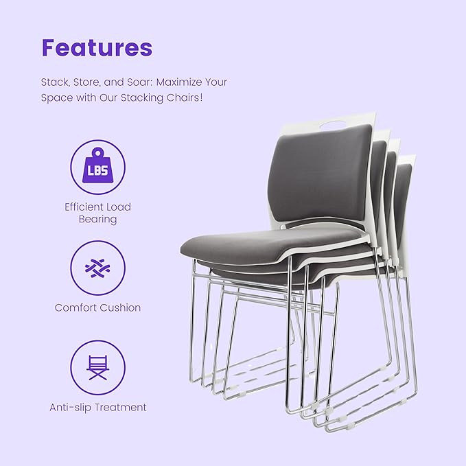 12 Pack Stacking Chairs - 1102LB Capacity Home Office Guest Chair Set With Sled Base, Modern Reception Chair for Kitchen, Waiting Room, Multi-Purpose Use, Break Room, Training, Cafeteria