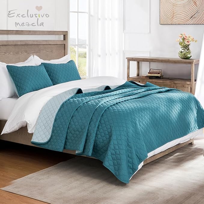 Exclusivo Mezcla Reversible Twin Quilt Bedding Set, Dusty Teal | Lightweight - Image 2