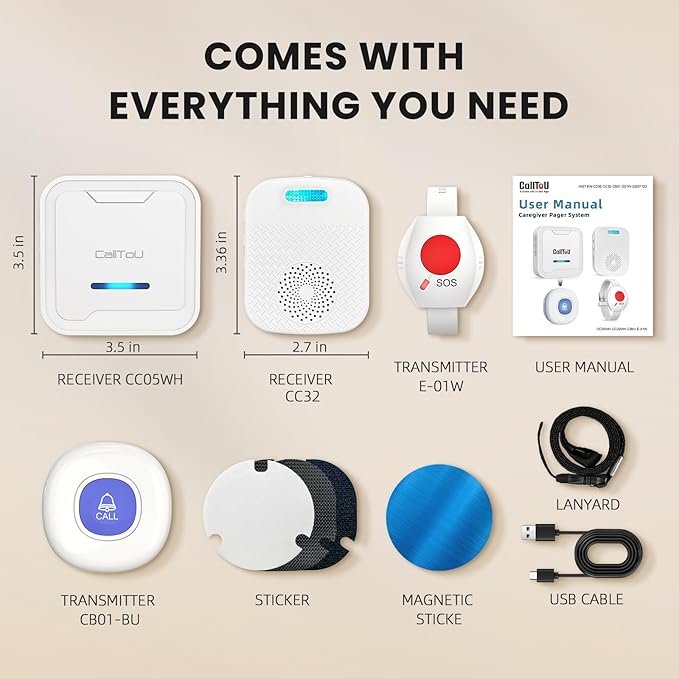 CallToU Caregiver Pager Wireless Call Button for Elderly, Medical Alert Systems for Seniors/Elderly Monitoring with 2 Call Bell, 500+Feet, 1 Plug-in Receiver+1 USB Receiver for Home Patients Emergency