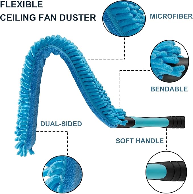 Hicavar 20 Foot High Ceiling Fan Duster with 5-12 Foot Extension Pole, Extendable Reusable Cobweb, Feather, Window Cleaning Squeegee Kit Blue