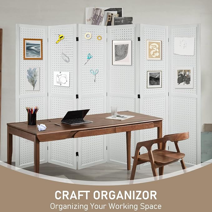 6 Panel Pegboard Room Divider | White Wood Folding Privacy Screen - Image 8