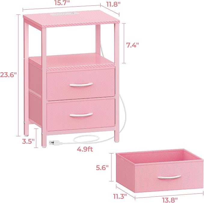 Huuger Nightstand with Charging Station, Side Table with Fabric Drawers | End - Image 2
