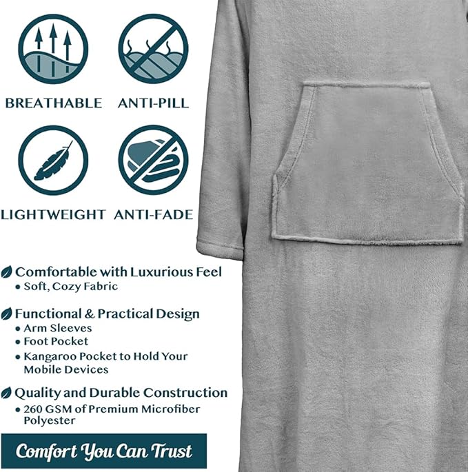 PAVILIA Fleece Blanket with Sleeves, Foot Pockets for Women Men Adults, Plush Wearable Blanket Throw Wrap, Warm Snuggle Blanket Robe, Cozy Gift Ideas Wife Mom, Light Gray