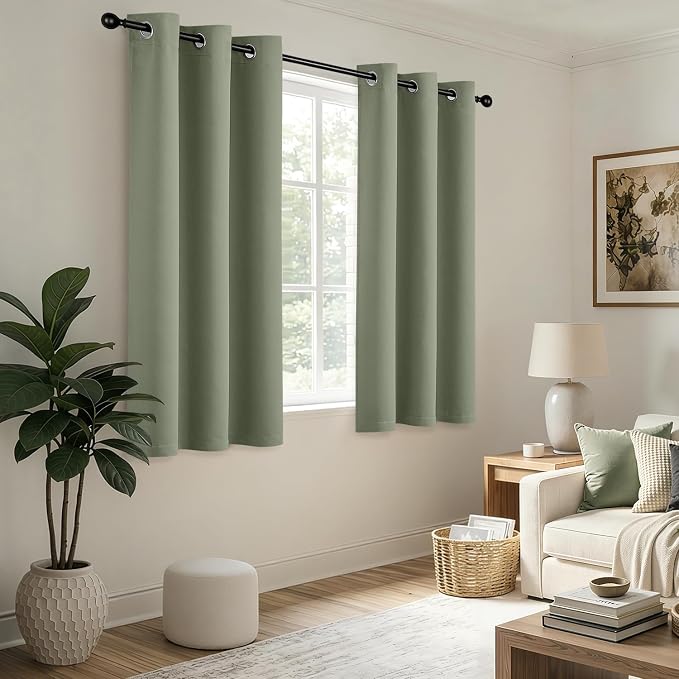 Short Sage Green Blackout Kitchen Curtain W40 x L54 Inch 2 Panels | Thermal - Image 5