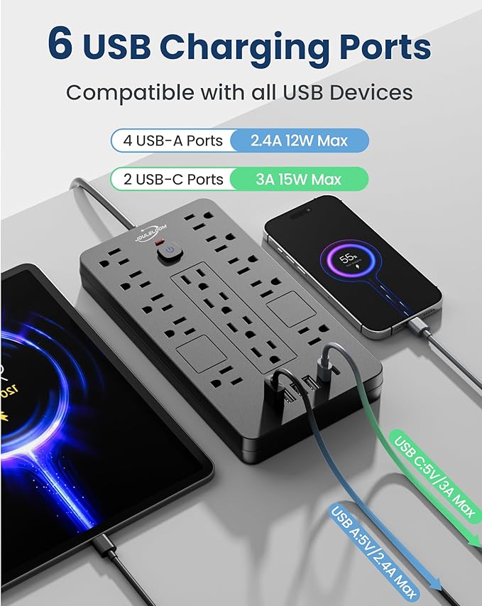 JouleLoom Surge Protector Power Strip-14 Outlets and 6 USB Ports, 10 Feet Flat Plug Extension Cord, 1850 Joules, Black, ETL Listed for Home, Office, Dorm Room