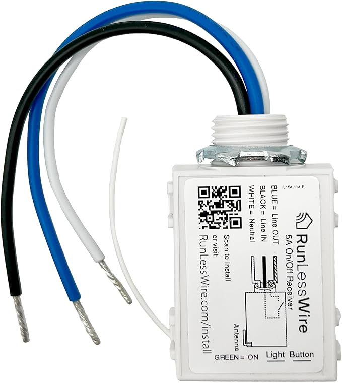 RunLessWire 5 Amp On/Off Receiver Add-On RF Relay Compatible with Self-Powered Kinetic Wireless Light Switches to Control Electrical Circuit Remotely Easy DIY Install 100-240VAC, Indoor Use