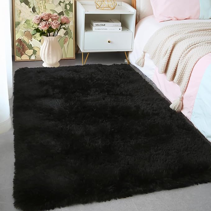 3x5 Black Fluffy Shag Rug for Bedroom, Plush Washable Carpet | Area Rug for by KICHOWUA