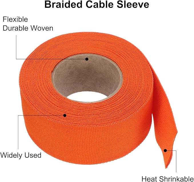 MECCANIXITY Braided Cable Sleeves Heat Shrinkable Fabric Sleeving, 1 1/4" 26ft Orange 2:1 Ratio Heat Shrinkable Cord Protector for Harness Cable, Network Cable Protection, Cable Management