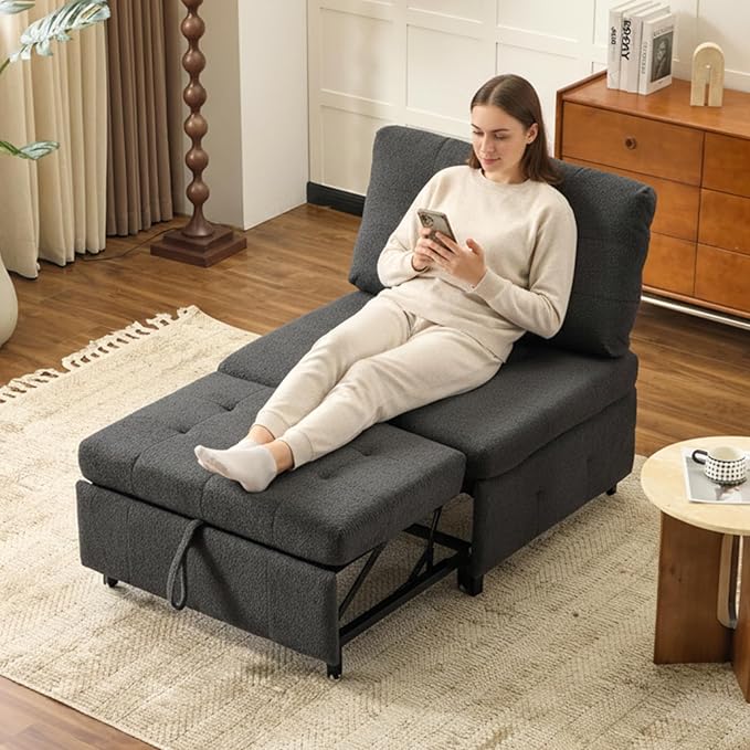 VINGLI Convertible Sofa Bed Tufted Teddy Fleece Sleeper Chair Bed Couch Armless - Image 2