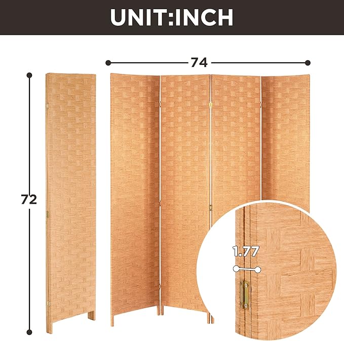 Wood Mesh Woven Design 4 Panel Folding Wooden Screen Room Divider - Image 7