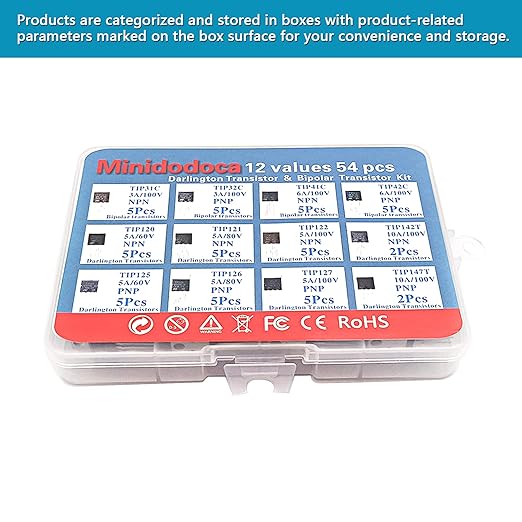 12 Values 54 Pcs Darlington Transistors Bipolar Power Transistor TIP31C TIP32C TIP41C TIP42C TIP120 TIP121 TIP122 TIP125 TIP126 TIP127 TIP142T TIP147T Minidodoca TIP Transistors Assortment Kit
