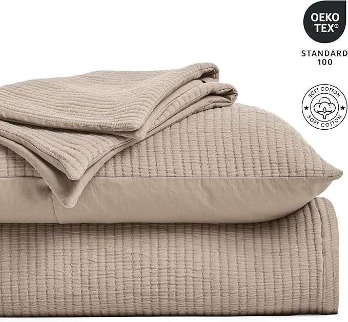 EVERGRACEHOME Cotton Gauze Matelassé Coverlet, Queen Size, Khaki Tan | Ultra - Image 4