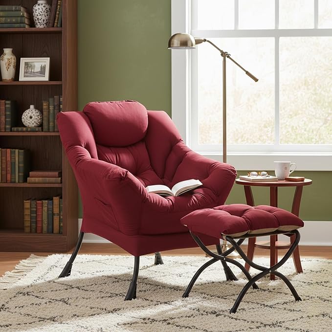 Welnow Lazy Chair with Ottoman, Reading Chair with Footrest, Burgundy | A Side - Image 9