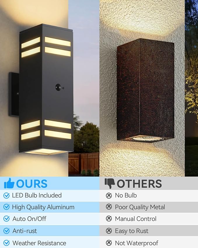Zinola Motion Sensor Outdoor Lights, Modern Outdoor Wall Lights with E26 Base, Black Motion Detector Lights for Outside, Waterproof Sconce Exterior Lights for House Porch Front Door, Bulbs Included