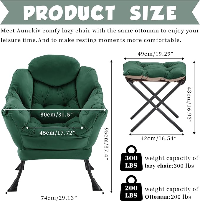 Lazy Chair with Ottoman, Comfy Reading Chair, Emerald Green | Cushioned Seat - Image 3