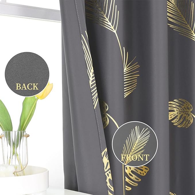 Dark Grey Blackout Curtains 63 inch Length 2 Panels, Wheat and Palm Tree - Image 3