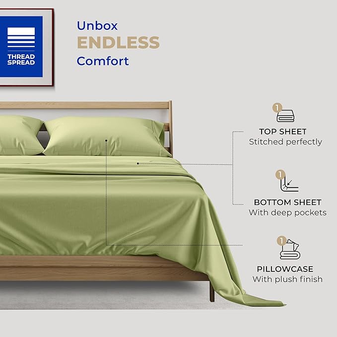 THREAD SPREAD 100% Cotton Bed Sheets Twin XL Sheet Set - 400 Thread Count Sheet Twin XL Size 3 PC Set (Sage Green), Soft, Cooling, Hotel-Quality 16" Deep Pocket Sateen Cotton Bedsheet for Hot Sleepers