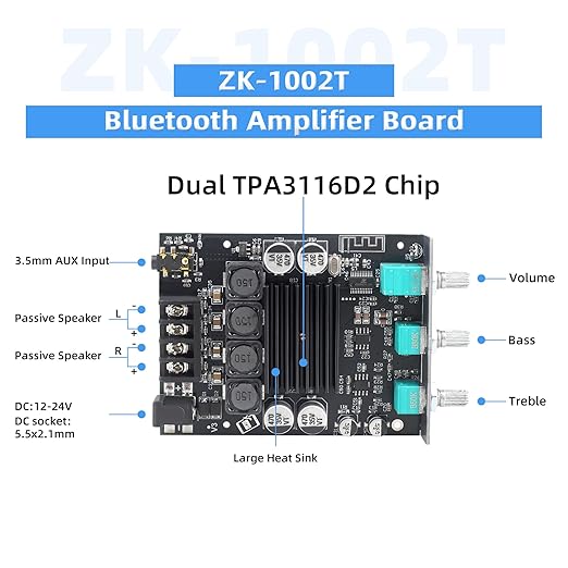 Wuzhi Audio ZK-1002T Bluetooth Amplifier Board 100W+100W Audio Amplifier Supports AUX/Bluetooth,Wide Voltage Input 12-24V