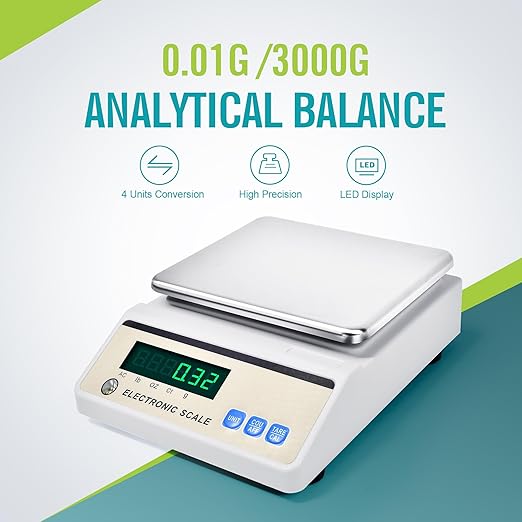 LICHEN Lab Analytical Balance 3000g x 0.01g with LED Display, High Precision Lab Scale with g/ct/oz/lb Units-Laboratory Scientific Scale for Kitchen,Pharmacy,Jewelry(No Test Weight)