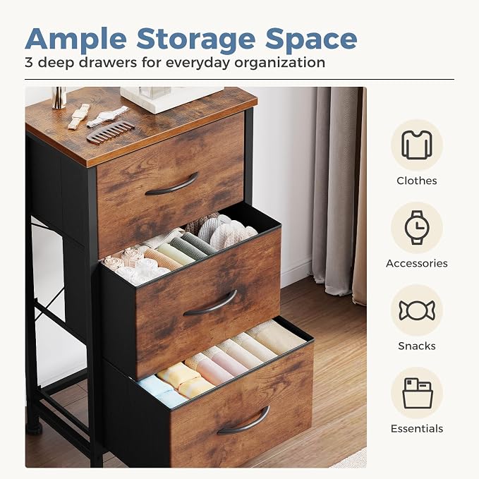 DUMOS 3 Drawer Nightstand for Bedroom, Small Night Stand Chest of Drawers | - Image 4