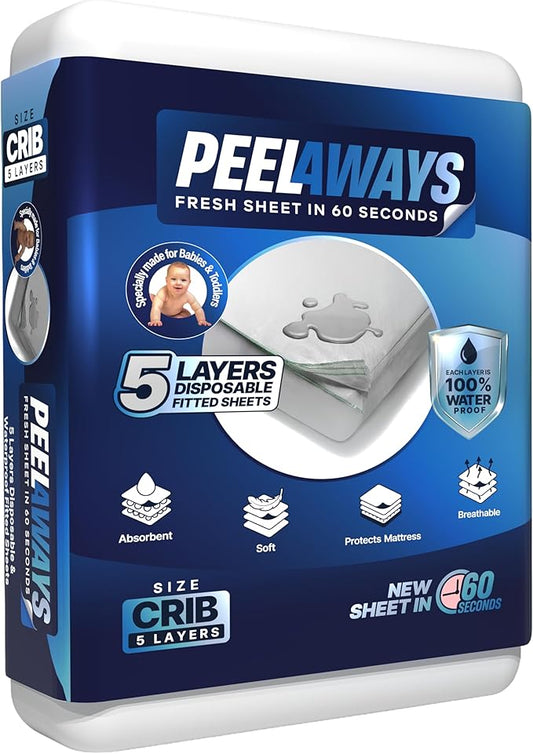 PEELAWAYS Crib-A-Peel Disposable Waterproof Crib Sheets - Super Absorbent Bedwetting Pads for Infants, Potty-Training, Spills, and More - 5 Layer 28" x 52" x 6"
